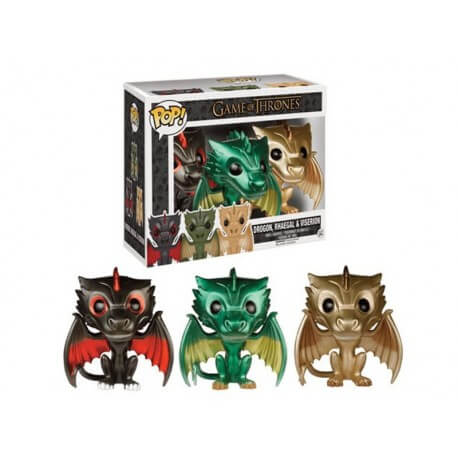 Figurine Game of Thrones - Set 3 Dragons Drogon Viseron Rhaegal Metallic Exclu Pop 10cm